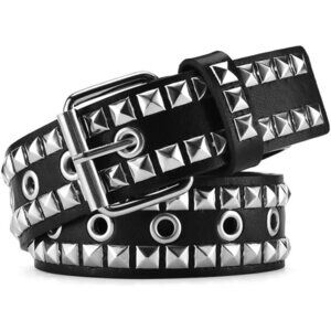 Women's 3 - Black Metal Punk Rock Rivet Belt With Bright Pyramid Studded